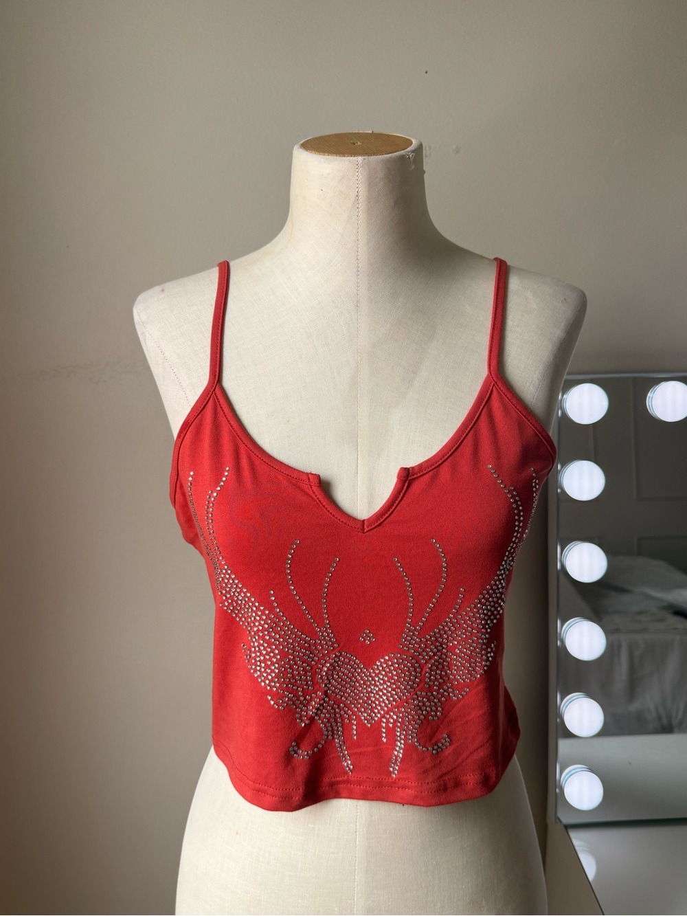 ROMWE Red Rhinestone Graphic Cami Crop Top Size L